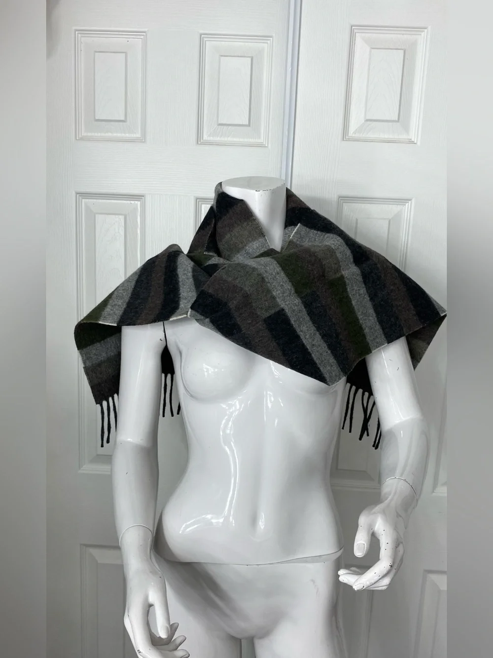 Eddie Bauer Olive, Gray & Black Striped Wool Blend Fringe Scarf